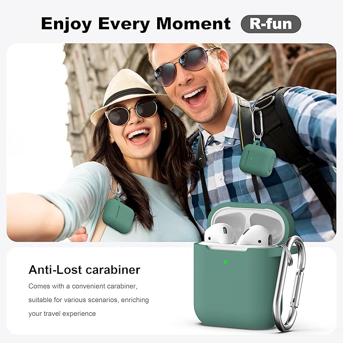 R-fun Compatible with AirPods Case Cover, Soft Silicone Protective Cover with Keychain for Women Men Compatible with Apple AirPods 2nd 1st Generation Charging Case, Front LED Visible,Pine Green