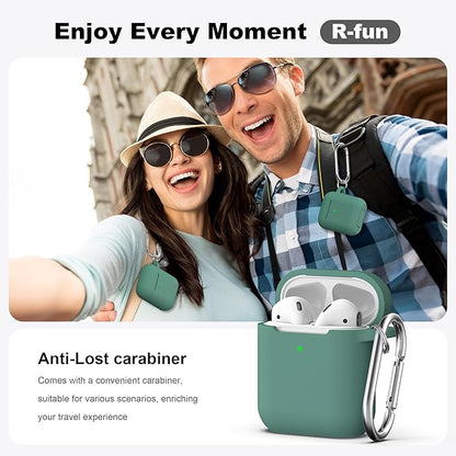 R-fun Compatible with AirPods Case Cover, Soft Silicone Protective Cover with Keychain for Women Men Compatible with Apple AirPods 2nd 1st Generation Charging Case, Front LED Visible,Pine Green