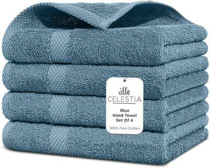 100% Cotton Hand Towel Set of 4, (16 x 28 inches) Sustainable, Soft, Highly Absorbent, Quick Drying, Combed Cotton Hand Towels Pack of 4 Ideal for Hotels, Spa, Bathroom, Dorm, Blue