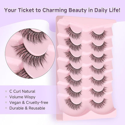 Cat Eye Lashes Natural Eyelashes 16MM False Eyelashes Wispy with Thin Band 3D Volume False Lashes Soft Lash Strips C Curl Fake Lash 7 Pair EVENTILL