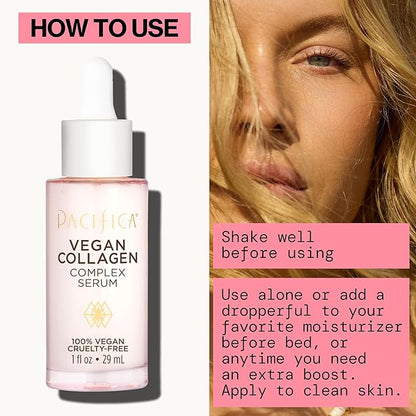 Pacifica Vegan Collagen Complex Face Serum Anti Aging Hydrating Serum w/Hyaluronic Acid for Plumping & Firming Collagen Boosting Facial Serum for Fine Lines & Wrinkles Clean Dermatologist Tested
