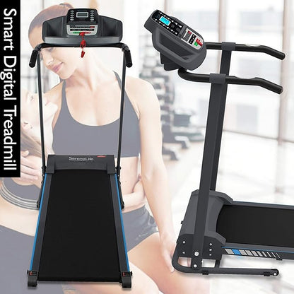 SereneLife Electric Folding Treadmill Exercise Machine - Smart Compact Digital Fitness Treadmill Workout Trainer w/Bluetooth App Sync, Manual Incline Adjustment, for Walking, Running, Gym