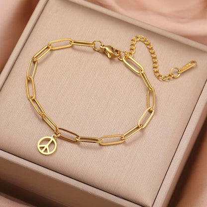 VASSAGO Peace Sign Bracelet Anklet for Women Men Love Peace Sign Symbol Stainless Steel Dainty Paperclip Chain Bracelets 1960s 1970s Hippie Party Dressing Accessories Jewelry