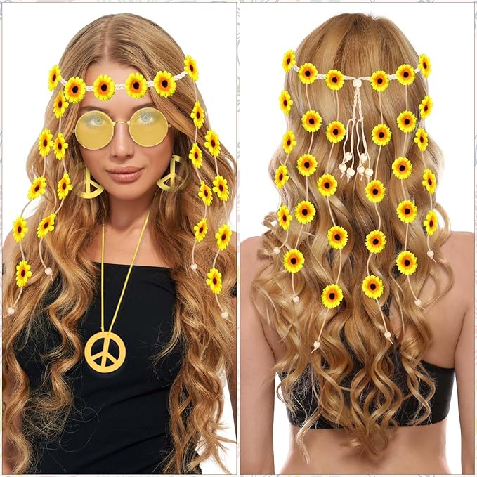 6 Pcs Hippie Costume Accessories Set, Flower Hippie Headband Boho Peace Sign Necklace Earrings Sunglasses Bracelet