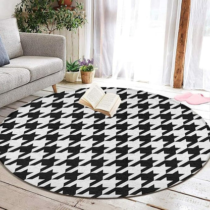 Large Machine Washable Circular Rugs, Home Decor Round Mat for Living Room Sofa Office Compatible with Black and White Houndstooth