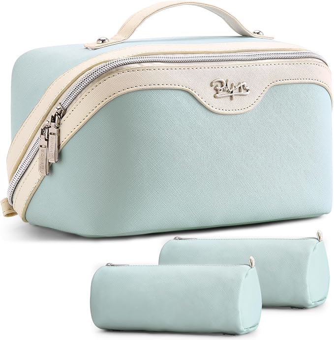BOYATU Travel Makeup Bag Organizer Cosmetic Bag: 3 Pcs Set Make up Bags for Women with Handle - Waterproof Vegan Leather Toiletry Bags Travel Essentials Pouch with Compartments (G-03-Blue)