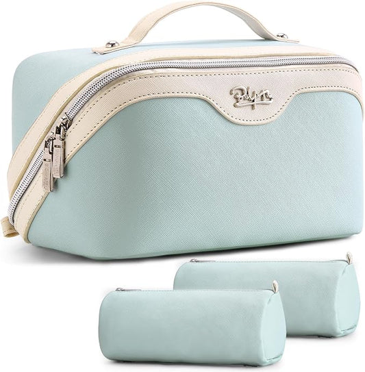 BOYATU Travel Makeup Bag Organizer Cosmetic Bag: 3 Pcs Set Make up Bags for Women with Handle - Waterproof Vegan Leather Toiletry Bags Travel Essentials Pouch with Compartments (G-03-Blue)