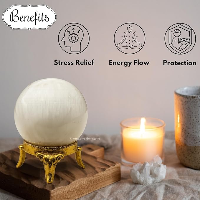 Amazing Gemstone Scolecite Crystal Ball with Stand - 2 Inches Crystal Sphere Meditation Balls for Witchcraft and Decorative Balls