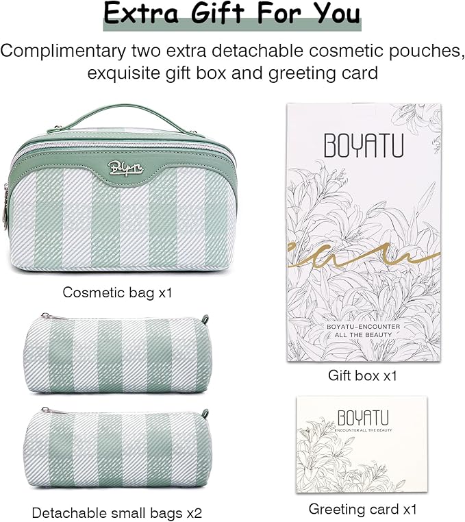 BOYATU Travel Makeup Bag Organizer Cosmetic Bag: 3 Pcs Set Make up Bags for Women with Handle - Waterproof Vegan Leather Toiletry Bags Travel Essentials Pouch with Compartments (F-02-Green)