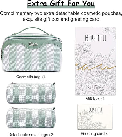 BOYATU Travel Makeup Bag Organizer Cosmetic Bag: 3 Pcs Set Make up Bags for Women with Handle - Waterproof Vegan Leather Toiletry Bags Travel Essentials Pouch with Compartments (F-02-Green)
