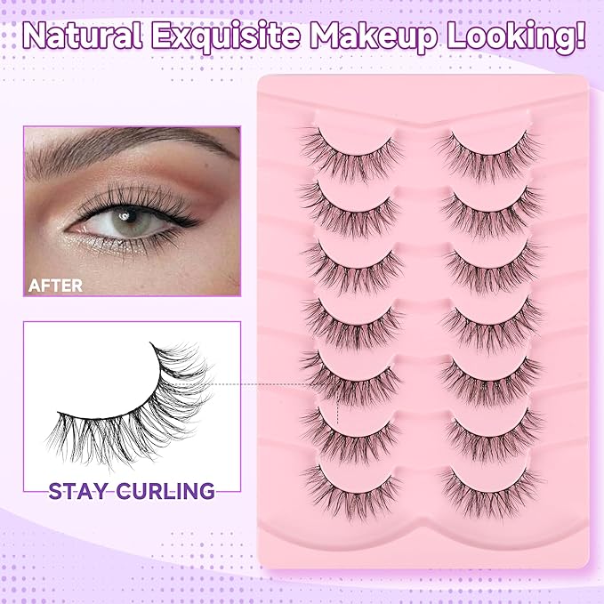 Natural Eyelashes False Eyelashes Natural Lashes 15mm Wispy Eyelashes with Thin Band 3D Volume False Lashes Soft Strip Lashes Pack C Curl Natural Eye Lashes Fake Eyelashes 7 Pair EVENTILL
