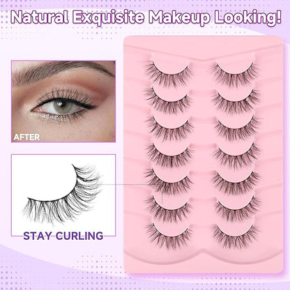 Natural Eyelashes False Eyelashes Natural Lashes 15mm Wispy Eyelashes with Thin Band 3D Volume False Lashes Soft Strip Lashes Pack C Curl Natural Eye Lashes Fake Eyelashes 7 Pair EVENTILL