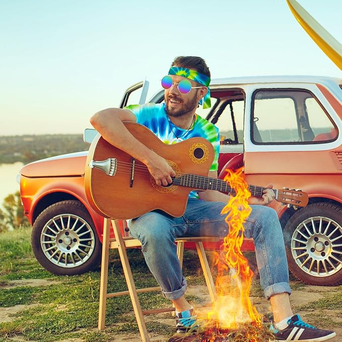 Hippie Costume for Men Women 4PCS Mens 60s 70s Outfit Set Colorful Hippie Shirt Sunglasses Headband Peace Necklace