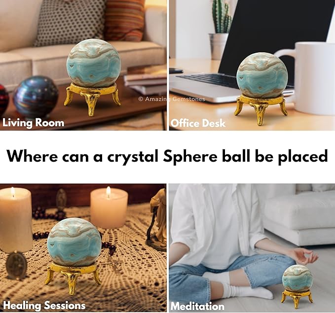 Amazing Gemstone Caribbean Calcite Crystal Ball with Stand - 2" Inches Crystal Sphere Meditation Balls for Witchcraft and Decorative Balls