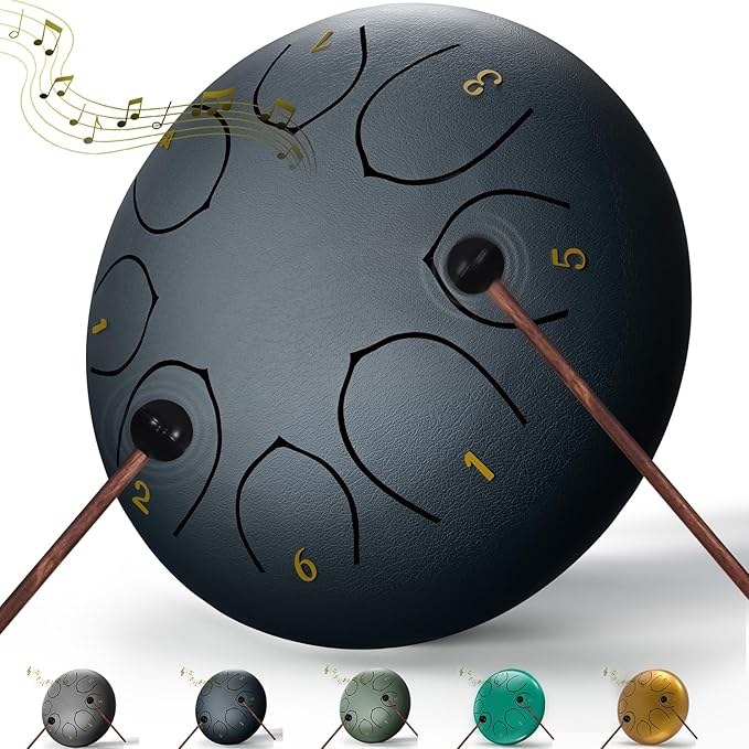 Rain Drum for Outside Garden, 6 Inches 8 Notes Steel Tongue Chakra Drums, Waterproof Echo Rain Chime Meditation Drums, Musical Instruments for Adult Gift with Bag, Music Book, Drum Mallets (Navy Blue)