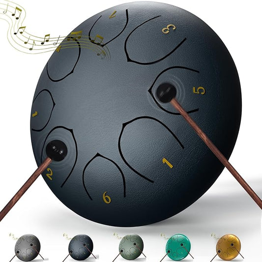 Rain Drum for Outside Garden, 6 Inches 8 Notes Steel Tongue Chakra Drums, Waterproof Echo Rain Chime Meditation Drums, Musical Instruments for Adult Gift with Bag, Music Book, Drum Mallets (Navy Blue)