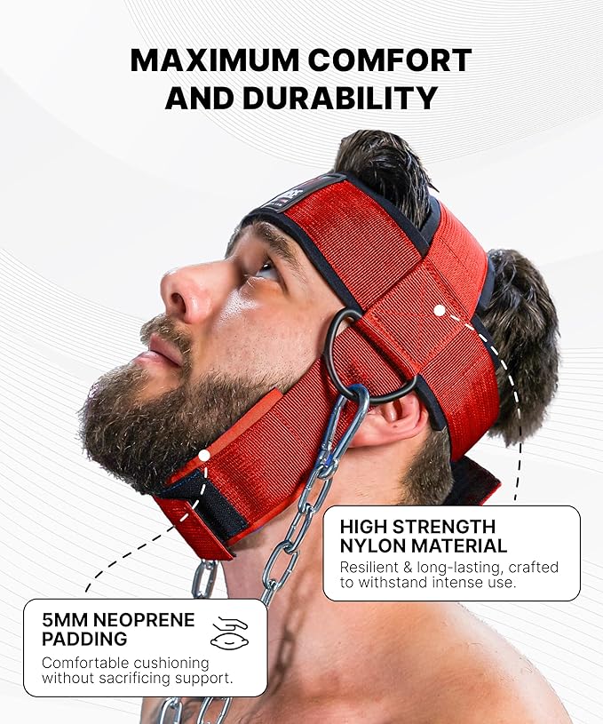 DMoose Fitness Neck Harness for Weight Lifting - Soft Padded Head & Chin Strap with 30" Heavy Duty Steel Chain - Neck Exerciser, Trainer & Strengthener to Support Injury Recovery and Intense Workouts