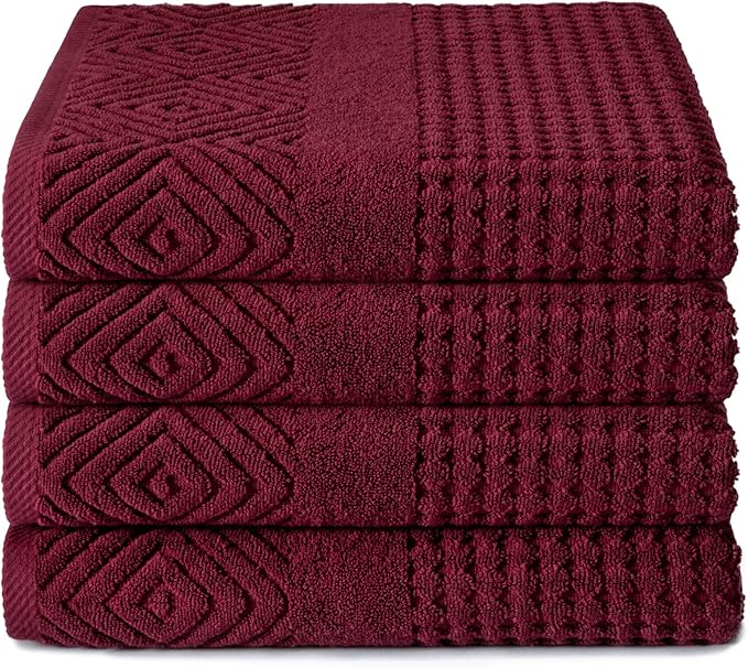 Texere 100% Organic Cotton Jacquard Towel Sets (Diamond, Merlot, 4 Bath Towels)