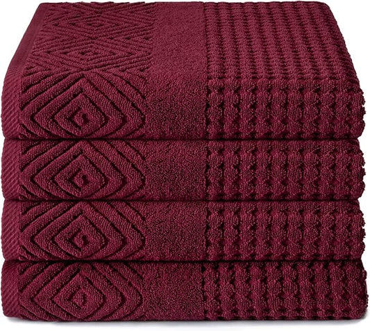 Texere 100% Organic Cotton Jacquard Towel Sets (Diamond, Merlot, 4 Bath Towels)