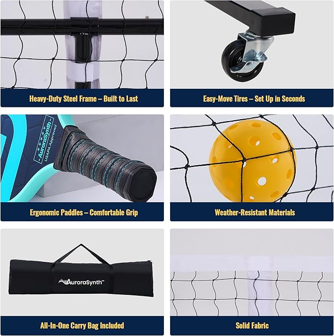 AuroraSynth Portable Pickleball Net Set with Wheels, 22 x 3ft Regulation Size Pickle Ball Net with Ball Collector, 4 Pickle Balls, 4 Pickleball Paddles, Carry Bag for Backyards, Driveway, Garage