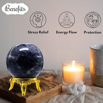 Amazing Gemstone Iolite Crystal Ball with Stand - 2 Inches Crystal Sphere Meditation Balls for Witchcraft and Decorative Balls