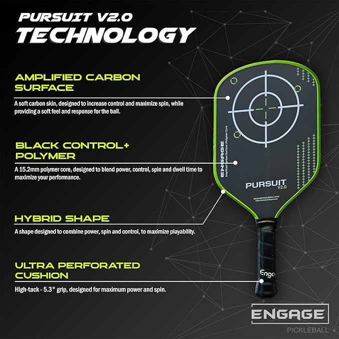 Engage Pursuit V2.0 Pickleball Paddle - Amplified Carbon Surface for Superior Control & Spin with Response+ Polymer Core, USAPA Approved - Designed for Players of Any Skill Level