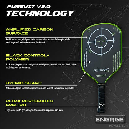 Engage Pursuit V2.0 Pickleball Paddle - Amplified Carbon Surface for Superior Control & Spin with Response+ Polymer Core, USAPA Approved - Designed for Players of Any Skill Level