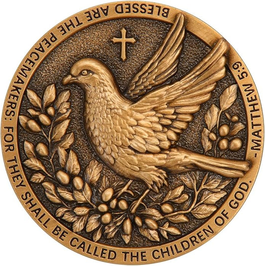 Christian Peace Medallion with Dove and Angels – Inspirational Religious Gift with Bible Verse Matthew 5:9 and Graceful Design