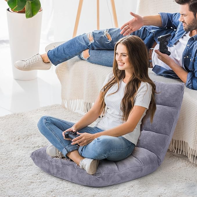 Moccha 14-Position Floor Chair, Folding Sofa Chair with Back Support, Memory Foam Floor Gaming Chairs for Adults, Adjustable Padded Couch Recliner Sleeper Bed for Reading, Meditating, Gray