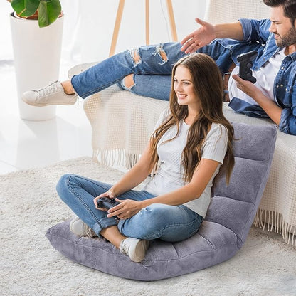Moccha 14-Position Floor Chair, Folding Sofa Chair with Back Support, Memory Foam Floor Gaming Chairs for Adults, Adjustable Padded Couch Recliner Sleeper Bed for Reading, Meditating, Gray