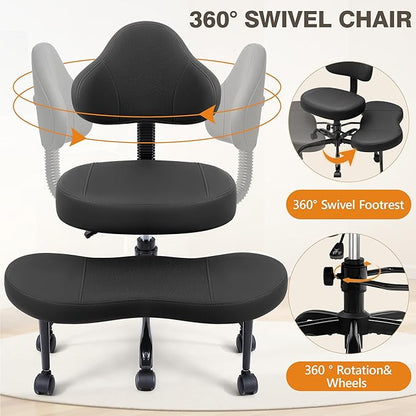 Cross Legged Office Chair, Criss Cross Desk Chair ADHD Meditation Kneeling Yoga Seat with Adjustable Height, Lumbar Support, Wider Footrest and Wheels (Black)