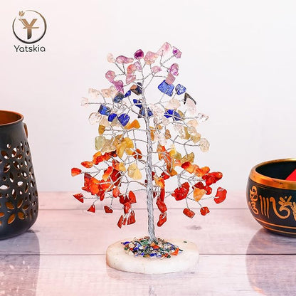 Chakra Tree of Life - Wrapped On Natural Geode Agate Slice Base, w/ Tree of Life Necklace - Chakra Decor, Crystals and Healing Stones, Feng Shui Tree, Seven Chakra Tree, 7 Chakra Tree, Bonsai Tree
