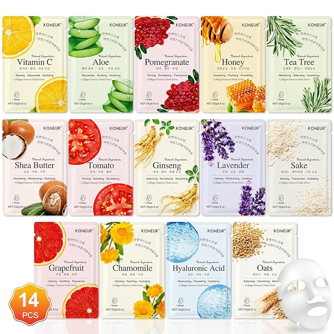 14 Pack Sheet Face Masks Skincare, Hydrating Face Masks Suitable for Dry Skin, Bulk Facial Mask Set for Women Skin Care, Face Mask Gifts Set for Face Spa