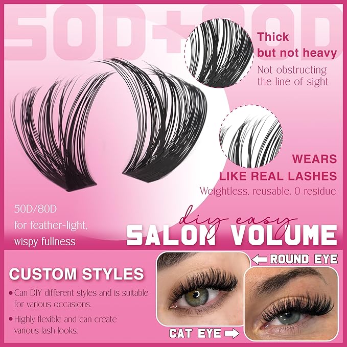 Cluster Lashes Volume Lash Clusters D Thick Eyelashes Extensions 14-16mm Mix 50D+80D Individual Lashes Thin Band Lash Bond and Seal Tweezers for DIY Lash Extension Beginners
