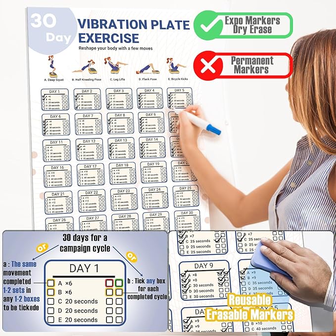 Whole Body Vibration Plate Exercise Poster, Fitness Workout Guide with 30 day Training Chart