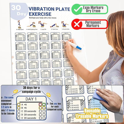 Whole Body Vibration Plate Exercise Poster, Fitness Workout Guide with 30 day Training Chart