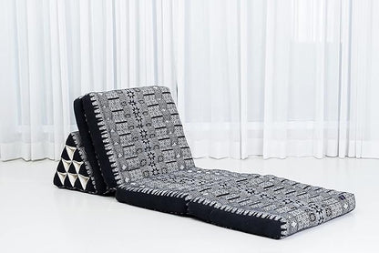 Leewadee Comfortable Japanese Floor Mattress - Thai Floor Bed with Triangle Cushion - Futon Mattress - XL Extra Long Thai Massage Mat, 89 x 20 inches, Black, Kapok Filling