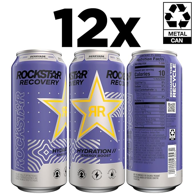 Rockstar Recovery Non-Carbonated Energy Drink, Berryade, 16 fl oz Cans, (12 Pack), Hydration // Mind-Body Energy,160mg Caffeine, B Vitamins, Electrolytes