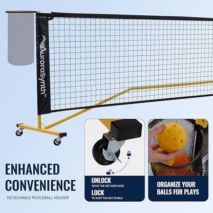 AuroraSynth Portable Pickleball Net Set with Wheels, 22 x 3ft Regulation Size Pickle Ball Net with Ball Collector, 4 Pickle Balls, 4 Pickleball Paddles, Carry Bag for Backyards, Driveway, Garage