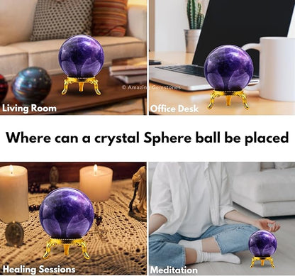 Amazing Gemstone Amethyst Crystal Ball with Stand - 2" Inches Crystal Sphere Meditation Balls for Witchcraft and Decorative Balls