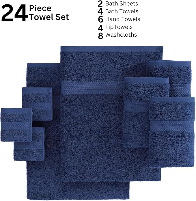 LANE LINEN 24 PC Premium Towel Set - 2 Bath Sheets, 4 Bath Towels, 4 Fingertip, 8 Washcloths, 6 Hand Towels - 100% Ringspun Cotton - Highly Absorbent Towels for Bathroom, Gym, Hotel & Spa - Navy Blue