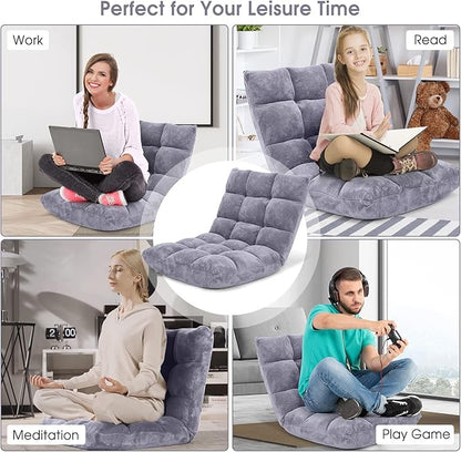 Moccha 14-Position Floor Chair, Folding Sofa Chair with Back Support, Memory Foam Floor Gaming Chairs for Adults, Adjustable Padded Couch Recliner Sleeper Bed for Reading, Meditating, Gray