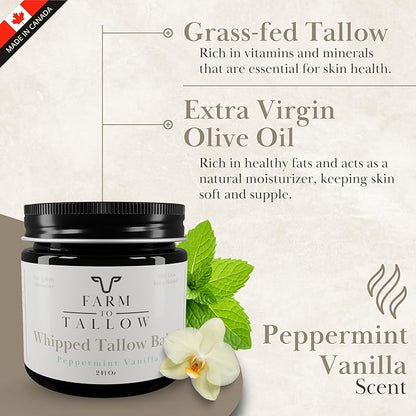 FARM TO TALLOW 100% Grass-Fed Beef Tallow for Skin, Face & Body – Peppermint Vanilla Moisturizer Made with Olive Oil – Gentle & Hydrating Natural Skincare Cream for Dry, Sensitive Skin – 2 Oz