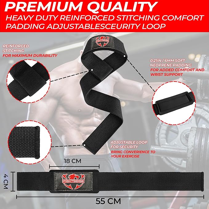FIGHTSENSE Lifting straps for weightlifting, Gym wrist straps for men women, Neoprene Padded Cotton Weightlifting Straps for Bodybuilding, Powerlifting, Deadlifting and strength training