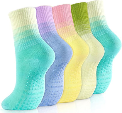 Non-Slip Pilates Socks with Grips for Women 5 Pairs Cute Yoga Socks Grippy for Yoga Barre Ballet