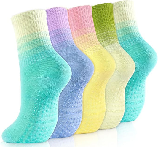 Non-Slip Pilates Socks with Grips for Women 5 Pairs Cute Yoga Socks Grippy for Yoga Barre Ballet