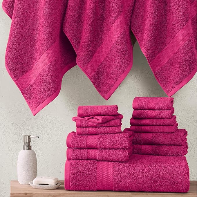 LANE LINEN 100% Cotton Bathroom Towels Set - 24 Pc - Ringspun - Plush, Quick Dry, Soft & Absorbent - 2 Bath Sheets, 4 Bath, 6 Hand Towels, 8 Washcloths, 4 Fingertip - Ideal for Daily Use- Fuchsia