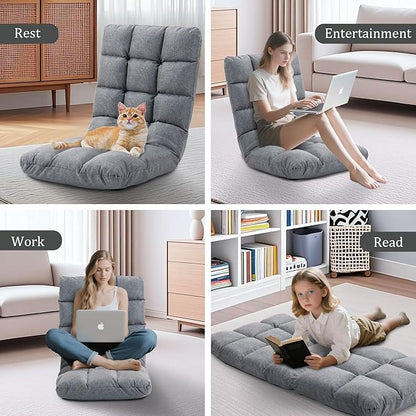 Folding Floor Chair with Back Support, 14 Adjustable Positions, Breathable Padded Sleeper Bed, Couch Recliner, Gaming Sofa Chair for Adults & Kids, Perfect for Meditating, Reading, Living Room (Grey)