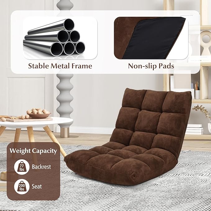 RELAX4LIFE Floor Chair with Back Support - 14-Position Adjustable Lazy Sofa Chair, Padded Sleeper Bed & Couch Recliner for Reading Meditation, Folding Floor Gaming Chair for Adults (Brown)