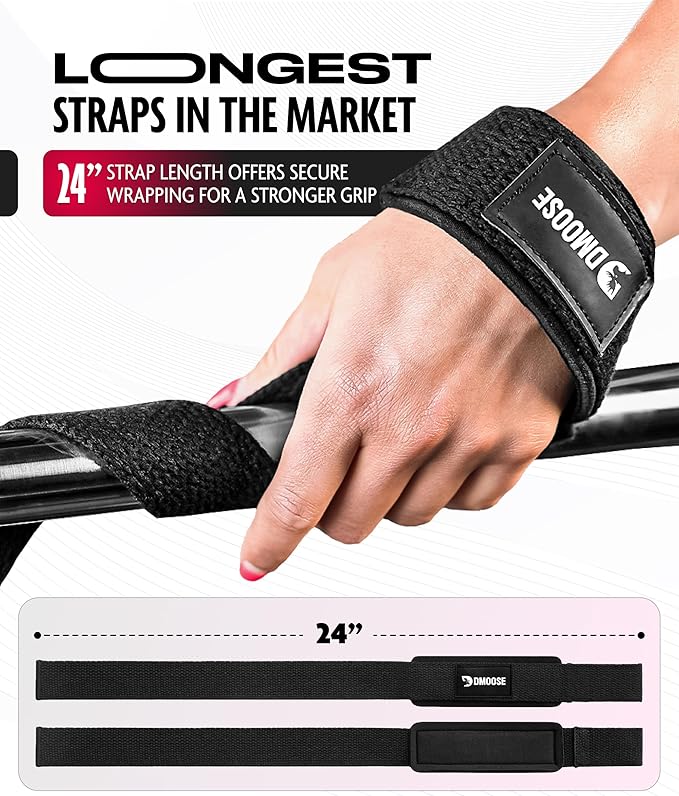 DMoose Fitness Lifting Straps 24" (Pair) - 5mm Padded Durable Wrist Straps for Weightlifting & Powerlifting - Cotton Lifting Strap with Silicone Grip for Men & Women - Deadlift Strap for Gym Workout